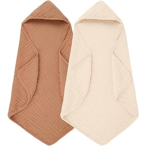 Hooded Baby Bath Towels 100% Muslin Cotton Baby Bath Towel for Infant, Toddler and Kids,Soft and Absorbent Newborn Essential,Large 32x32Inch 2 Pieces Coffee & Beige