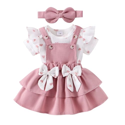 FOCUTEBB Baby Girl Clothes Newborn Romper Love Heart Print Short Sleeved Ruffled Bow Skirt Headband Outfits Set 0-18 Months