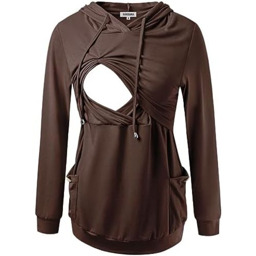 GINKANA Womens Nursing Hoodie Top Sweatshirt Long Sleeve Button Decoration Pockets Shirts Tunic Top