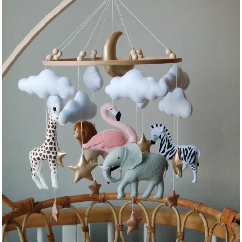 Baby mobile neutral animals Africa nursery mobile felt Africa safari giraffe, lion, zebra, flamingo and elephant. Crib moon and clouds