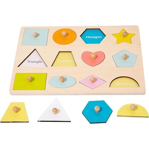 Adena Montessori Wooden Shape Peg 12 Piece of Colorful Shape Cognition Knob Puzzles Baby & Toddler Development Toy