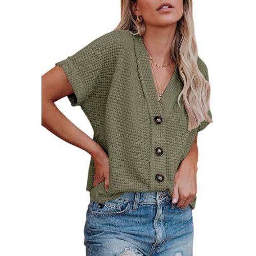 Dokotoo Womens Summer Tops 2025 Waffle Knit Button Down Shirts Casual V Neck Short Sleeve Shacket Jacket Dressy Blouses
