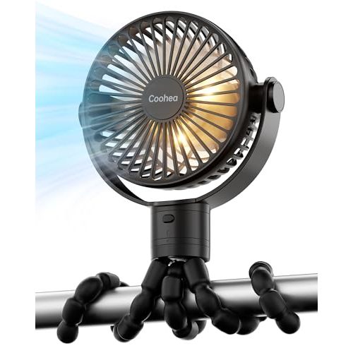 Coohea Stroller Fan Rechargeable Battery Powered Portable Fans, Head Detachable 360° Rotatable Clip on Fan, 3 Speed Quiet Small Mini Fans with Light Night for Carseat, Bed, Crib, Bike, Travel, Black