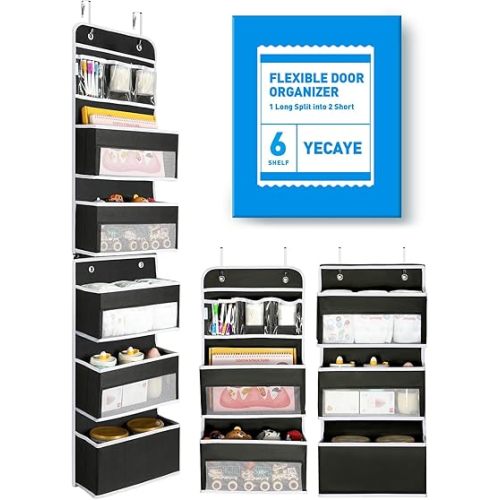 Yecaye 6-Tier Over The Door Storage Organizer, Flexible 1 Split into 2 Swing-Proof Hanging Bathroom Organizer, Bedroom Organizers and Storage for Newborn Baby Essentials, Black