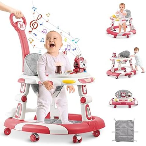 Baby Walkers, 5-in-1 Multifunctional, Height Adjustable, Foldable, Activity Center with Wheels &Music &Toys Tray, Infant Toddler Walker for Boys and Girls 6-24 Months(Pink)