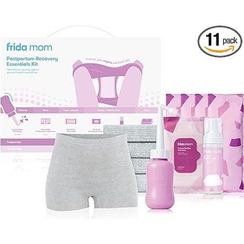 Frida Mom Postpartum Recovery Essentials Kit, Includes Disposable Underwear, Instant Ice Maxi Pads, Perineal Healing Foam, Perineal Healing Pad Liners and Upside Down Peri Bottle (11pc Gift Set) - with Peri Bottle