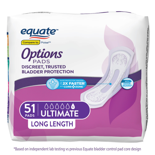 Equate Options Women's Incontinence Pads, Ultimate Absorbency, Long Length (51 Count)