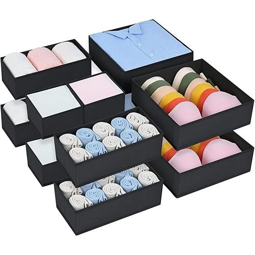 DIMJ Set of 12 Drawer Organizers Foldable Organizers and Storage Fabric Wardrobe Clothes Organizer Multifunctional Storage Box for Clothes, Bra, Toys (Black)