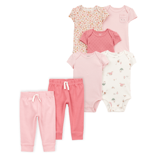 Baby 7-Piece Short-Sleeve Bodysuits & Pull-On Pants Set - Pink | Carter's
