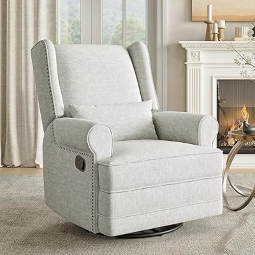 RoyalCraft Swivel Recliner Chair with Extra Large Footrest, Comfy Upholstered Glider Rocking Chair for Living Room, Bedroom and Office, Off White