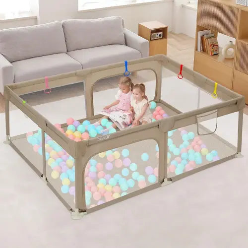 Dripex Baby Playpen, 71"x47" Large Play Pens for Babies and Toddlers, Safe Anti-fall Play Yard, Visible Baby Play Pen with Gate, Baby Fence Play Area with Pull-up Ring, Washable Baby Play Yards, Khaki