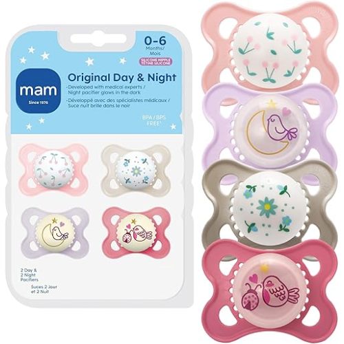 MAM Original Baby Pacifiers 0-6 Months, Binky for Newborn Babies, BPA-Free Skin Soft Silicone Nipple, Glows in The Dark, Developed with Medical Experts, 4 Count, Sterilizer Case, Made in Europe