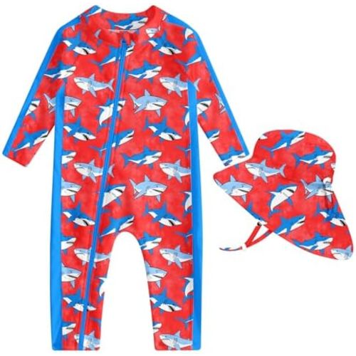 UNIFACO Baby Boy Swimsuit UPF 50+ Sun Protection One Piece Zip Bathing Suit with Sun Hat Infant Sunsuit Swimwear