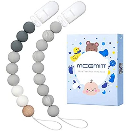 Silicone Pacifier Clip, MCGMITT Binky Holder Soothie Teether Teething Beads for Baby Boys or Girls, 2 Pack Shower Gift Set (Grey)