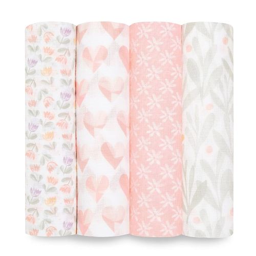 aden + anais Essentials Swaddle Blanket, Boutique Muslin Blankets for Girls & Boys, Baby Receiving Swaddles, Ideal Newborn & Infant Swaddling Set, Perfect Shower Gifts, 4 Pack, Piece of My Heart