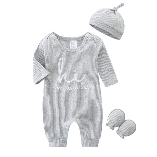 Newborn Unisex Baby Clothes 0-3 Months,Long Sleeve Onesie Infant Coming Home Outfits Romper with Mittens & Hat