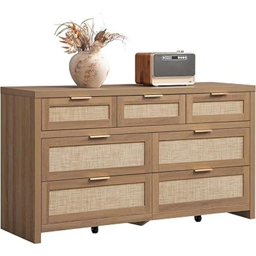 SICOTAS 7 Drawer Dresser for Bedroom, 57" Wide Rattan Dressers, Large Chest of Drawers for Bedroom, Dresser TV Stand, Boho Closet Organizer (Reclaimed Caramel Oak, 7 Drawers (1 pc))