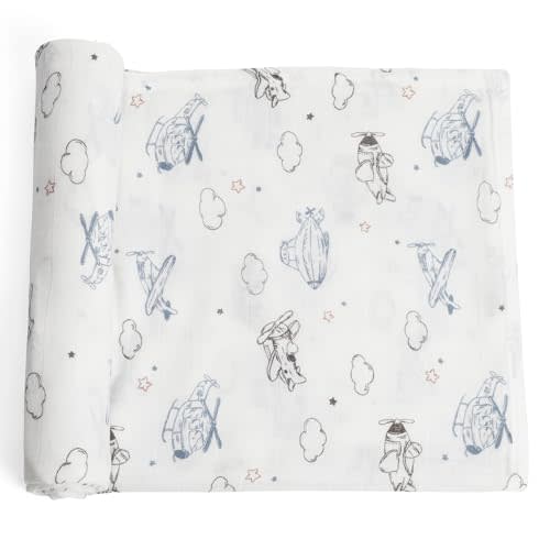 Knirose Muslin Swaddle Blanket - Soft, Silky Baby Receiving Wrap for Newborns - Unisex Design, Ideal for Boys and Girls - 47x47 Inches (120x120cm) - Large and Comfortable (Airplane & Cloud)