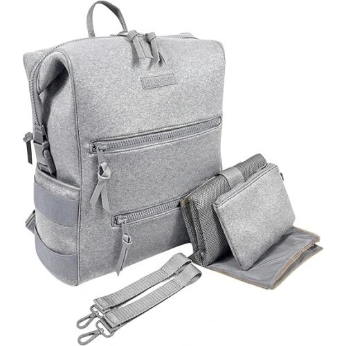 BUNSO Neoprene Diaper Bag Backpack, Water-resistant, Travel Baby Bag With Changing Pad, Stroller Straps, Wet Bag and Pouch (Gray)
