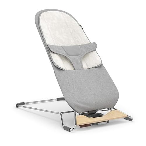 UPPAbaby Mira Bouncer/Portable 2-in-1 Bouncer + Seat Grows with Your Baby/GREENGuard® Gold, JPMA + FSC® Certified/Cozy Seat Liner + Storage Bag Included/Stella (Grey Mélange/Silver Chrome/Maple Wood)