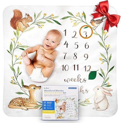 Bubzi Co Baby Monthly Milestone Blanket, Soft Woodland Photo Blanket for Baby Boy & Baby Girl, Nursery Bed Blanket, Newborn Essentials, Baby Registry Must Haves