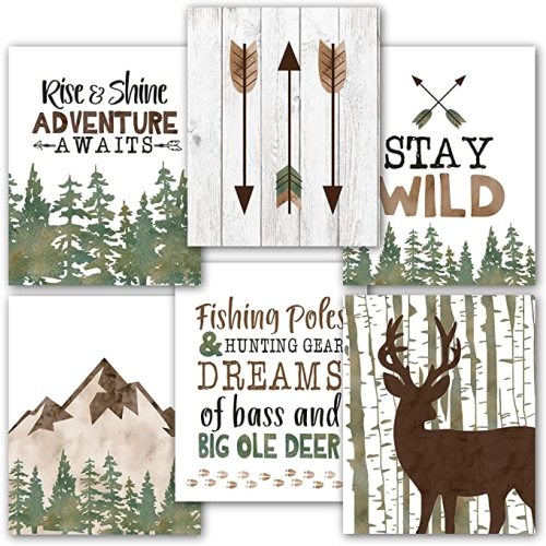 6 Reversible 8x10 Hunting Decor Prints, Deer Wall Art, Adventure Nursery Decor For Boys, Woodland Nursery Wall Decor For Boys Bedroom, Adventure Awaits Wall Decor, Oh Deer Baby Shower Decorations