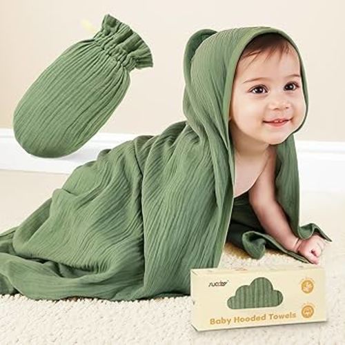 SUOSDEY Muslin Hooded Baby Towels for Newborn Infant Toddler, 70% Viscose from Bamboo 30% Cotton,Soft Baby Bath Towel with Hood Highly Absorbent and Newborn Essential,28 X 28 Inch