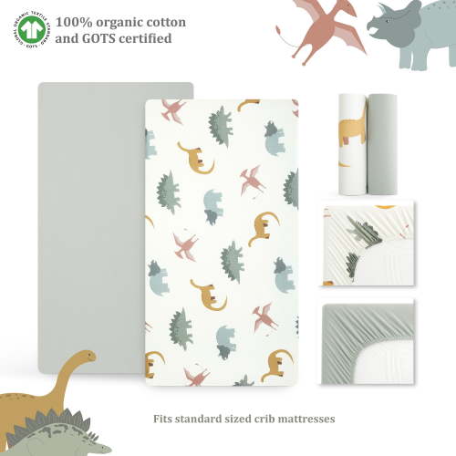 Evolur RawrSome Collection ( 2pc Sheet Set ), Light Sage Green & Dinosaur Print