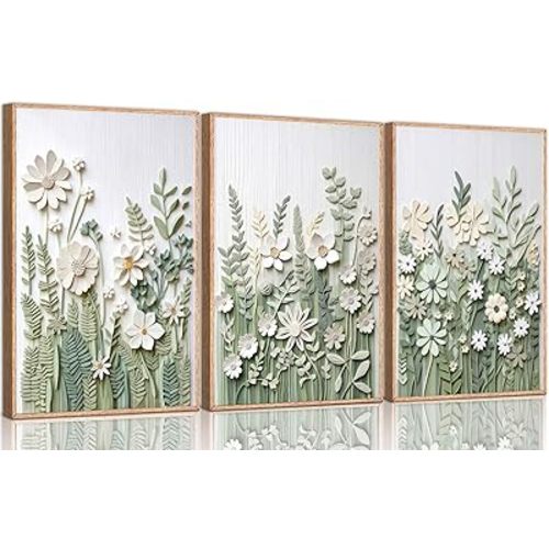3 Pcs Sage Green Wildflowers Canvas Wall Art Neutral Minimalist Abstract Boho Floral Botanical Painting Pictures Wall Decor Poster Print Artwork for Living Room Bedroom Home Decoration Unframed