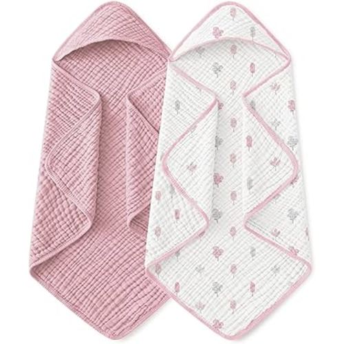 Yoofoss Hooded Baby Towels for Newborn 2 Pack 100% Muslin Organic Cotton Baby Bath Towel with Hood for Babies, Infant, Toddler and Kids,37.5"x37.5", Soft and Absorbent Newborn Essential,Pink&WhiteLeaf