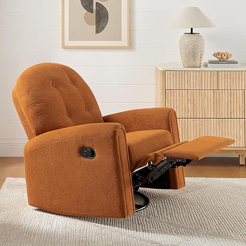 360 Swivel Rocker Recliner Chair, Nursery Rocking Chair with Tufted Backrest, Manual Recliner Chairs for Small Spaces, Upholstered Glider Rocker Recliner for Living Room, Bedroom (Curry)