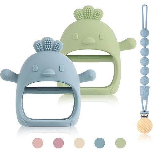 3 Packs Baby Teether Toy for 0-6 6-12 Months,Hold & Wear,BPA Free,Food Grade Silicone Teething Mitten, Anti Dropping Wrist Hand Teethers Baby Chew Toys for Sucking Needs(Blue & Green)