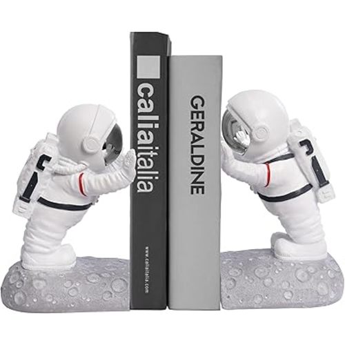 Book End Holder, Astronaut Bookends Outer Space Themed Astronaut Figurine Decorative Book Stoppers to Hold Books Heavy Duty Bookshelf Ends for Kids Rooms Space Decor Bookends (A-Silver Color)