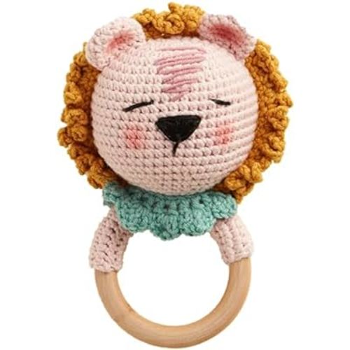 Crochet Baby Rattle, Crochet Baby Toys, Stuffed Baby Doll, Organic Wooden Newborn Toys, Knitted Stuffed Animals for Babies Boy, Girl, Fathers Day New Dad Gifts (Rory The Sleepy Lion)