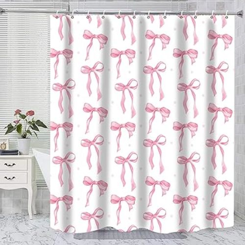 Shower Curtain Bows Pink and White Bow Shower Curtain, Cute Pink Bow Bathroom Decor Waterproof Fabric White Pink Bathtub Shower Curtain Set Bows with Hooks Coquette Bath Curtain for Girls 72x72 Inch