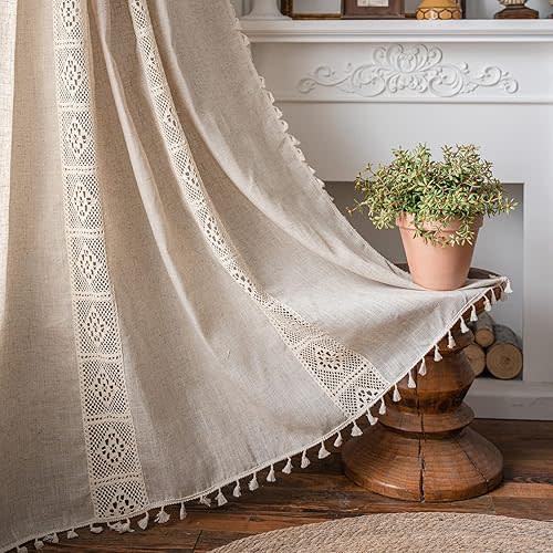 ENJOYBRIDAL Beige Curtains Crochet Lace Patchwork Drapes Curtains 84 Inch Length 2 Panels Tassel Rod Pocket Semi-Sheer Boho Bedroom Living Room Farmhouse Rustic Window Curtain Panels