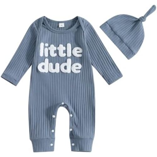 ZAXARRA Newborn Coming Home Baby Boy Outfits Little Dude Letter Print One Piece Rompers Long Sleeve Waffle Knit Fall Clothes
