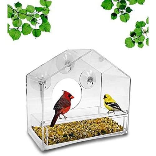 Nature Gear Window Bird Feeder - Refillable Sliding Tray - Weather Proof - Snow and Squirrel Resistant - Drains Rain Water - See Songbirds from Home! (House Style) (House Model)