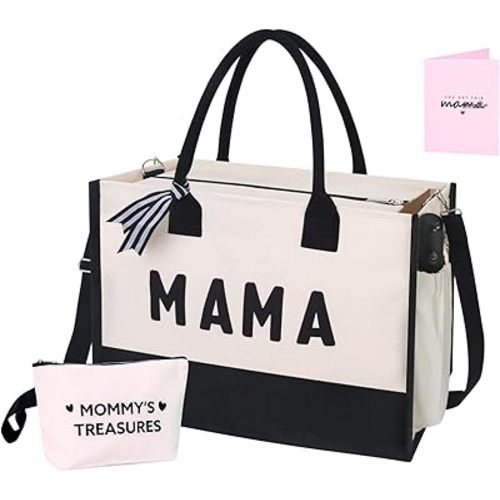 MAMA Tote Bag Mothers Day Gifts for New Mom, Pregnant Women, Canvas Mommy Bag with Zipper, Hospital Bag Essentials for Labor and Delivery, Pregnancy Gifts for Expecting First Time Mom