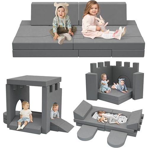 Modular Kids Play Couch Large, 8PCs Convertible Kids Couch Building Fort for Playroom Bedroom, Toddler Sectional Foam Sofa Cushion Fort for Boys and Girls (Grey)