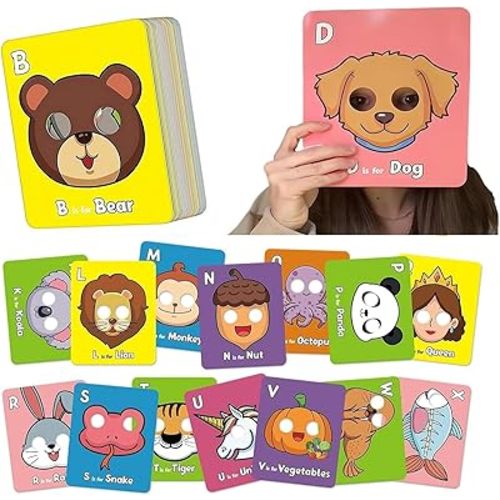 26pcs Alphabet Flash Cards,Giant ABC Animal Mask Flash Cards,with Animal Masks, Colorful Alphabet Mask Cards,Alphabets Learning,Interactive Education Games