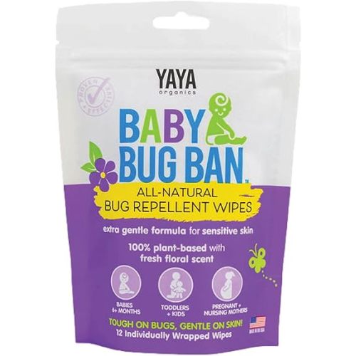 YAYA ORGANICS Baby Bug BAN Insect Repellent Wipes – All-Natural, DEET-Free, Non-Toxic, for Babies, Kids, Pregnant and Nursing Moms and Sensitive Skin (12 Count, Pack of 1)