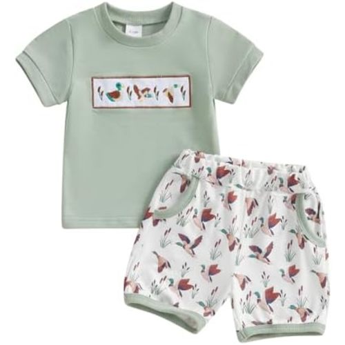 Toddler Baby Boy Summer Clothes Retro Embroidery Duck Hunting Shirts T-Shirt + Elastic Camouflage Shorts Set