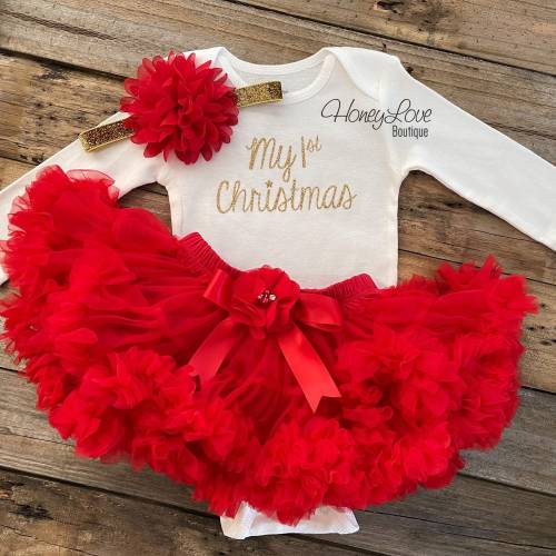 My 1st Christmas Outfit Girl, My First Christmas, Baby's 1st Christmas, Christmas Tutu Outfit, Red and Gold Glitter, Christmas Photo outfit