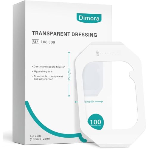 Dimora Waterproof Transparent Film Dressing, Clear Bandage Tape for Wound Care, Adhesive Post Surgical Cover Pad,for IV Shield, Tattoo Aftercare, Shower Protector 4x4 3/4 inch 100 Packs