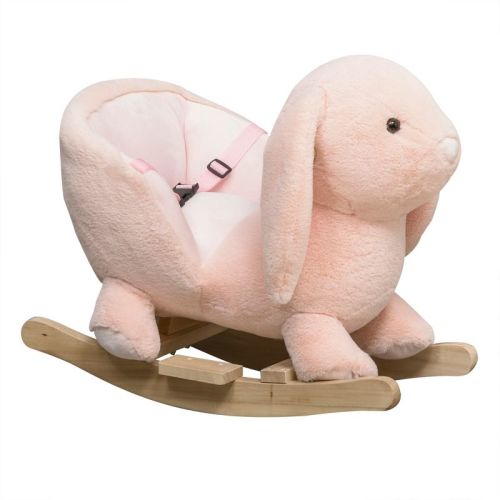 Qaba Rabbit Wooden Rocking Horse with Simulated Sound, Wooden Base, Seat Belt, Plush Stuffed Rocking Chair for Baby, Toddler, 18-36 Months, Pink