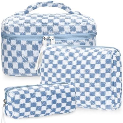 Quilted Makeup Bag Set, 3Pcs Large Checkered Corduroy Cosmetic Bags, Cute Coquette Makeup Bag Toiletry Zipper Pouch Bag for Women and Girls Checkered