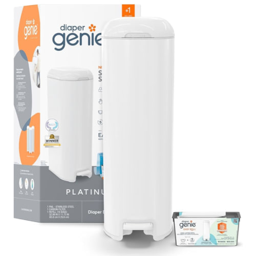 Diaper Genie Platinum Pail Gift Set, Lily White, Made of Durable Stainless Steel and Includes 2 Easy Roll Refills with 18 Bags and 30 Bags