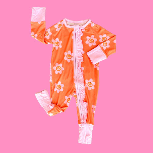 Groovy Jack-O-Lantern Bamboo Ruffle Romper I Poppy Kids Co