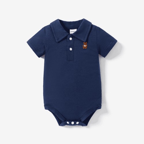 PatPat Baby Boy/Girl Clothes Cotton Bear Embroidered Polo Collar Bodysuit Blue 6-9 Months